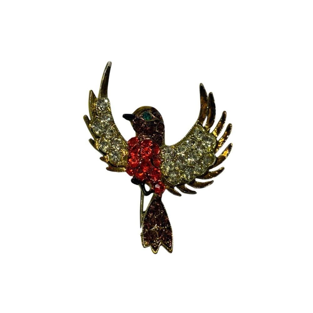 Vintage Silver Tone Colorful Rhinestone Green Eyed Flying Fire Bird Brooch Pin